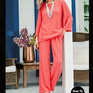 Soft Surroundings Oceo Gauze 2 Piece Matching Set Tunic Pants Size M Terra Cotta